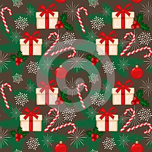 Seamless vector pattern of Christmas decorations and gift box Christmas celebration background