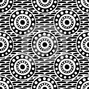 Seamless vector pattern with circles, dots and strokes.