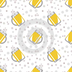 Seamless vector pattern with closeup beer glasses and bubbles on the white background.
