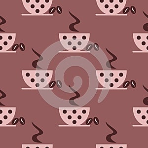 Seamless vector pattern with closeup pink coffee cups with dots and grains on the brown background.