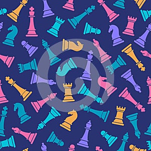 Seamless vector pattern with colored chess on blue. Chess pieces seamless print. Vector illustration set of chess pieces