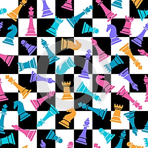 Seamless vector pattern with colored chess on checkered chess background. Chess pieces seamless print. Vector