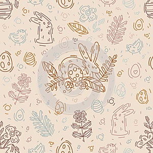Seamless vector pattern from colored outlines for Easter. Hand drawn doodle illustration with hares  chickens  eggs and plants