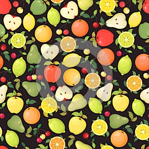 Seamless vector pattern with colorful apples, oranges, pears, lemons and limes on black background. Natural fresh fruits concept