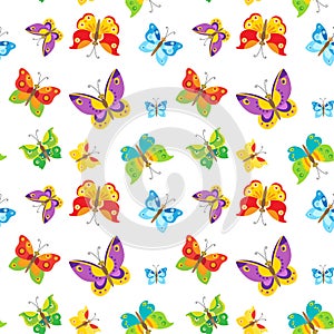 Seamless Vector Pattern With Colorful Butterflies On White Background. Vector Nature Pattern.