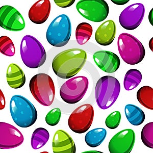 Seamless vector pattern with colorful eggs on white background. Easter flat design for textile