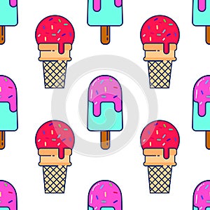 Seamless vector pattern with colorful ice cream and circles. For cards, invitations, wedding or baby shower albums