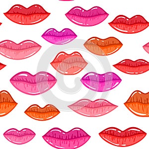 Seamless vector pattern, colorful lips. Repeats texture of textile, wall, fabric, gift paper. Concept for Valentines Day