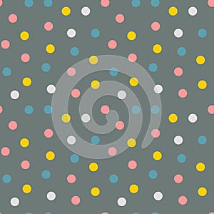 Seamless vector pattern of colorful polka dots confetti in pastel colors pink yellow turquoise white on gray background. Nordic