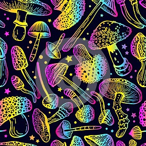 Seamless vector pattern of colorful psilocybin mushrooms. Wallpaper of hallucinogenic mushrooms in acid colors