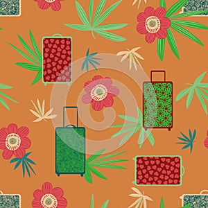 Seamless vector pattern with colorful suitcases and tropical flowers and leaves