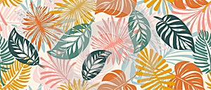 Seamless vector pattern of colorful tropical leaves flowers.