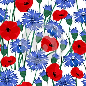 Seamless vector pattern with cornflowers and poppy. Hand drawn ornament with blue wildflower. Perfect for greetings, invitations,