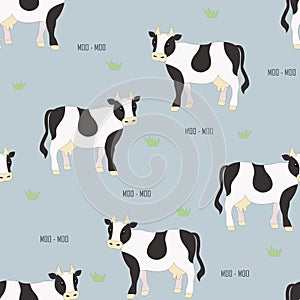 Seamless vector pattern with cute cartoon cows. Good for package, wrapping design for natural product. Farm animal