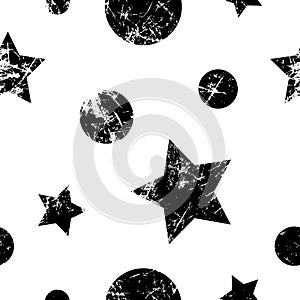Seamless vector pattern. Creative geometric black and white background with stars and circles.