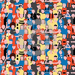 Seamless vector pattern of crowd people at football stadium. Sports fans cheering on their team Pattern illustration in cartoon st photo