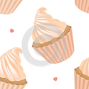Seamless vector pattern cupcakes with pink whipped cream in pastel colores