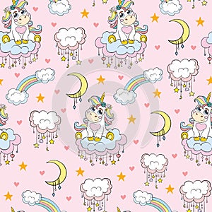 Seamless vector pattern cute baby unicorn pink