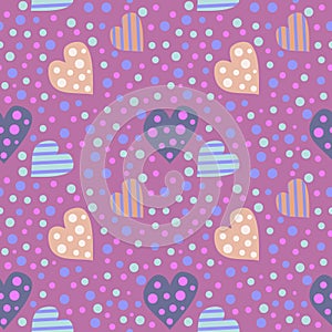 Seamless vector pattern. Cute background with colorful hearts and dots on the violet backdrop