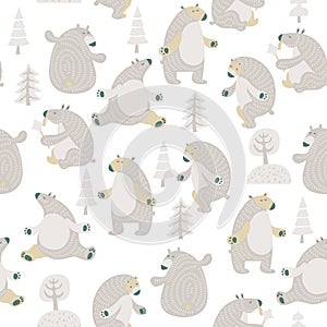 Seamless vector pattern with cute bears in scandinavian minimalist modern style.