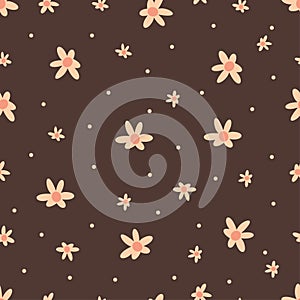 Seamless vector pattern. Cute beige daisies on dark background
