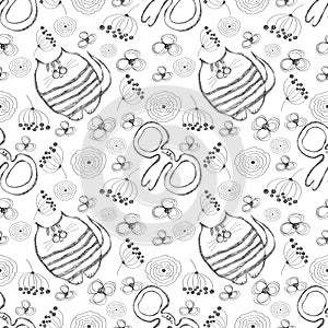 Seamless vector pattern. Cute black and white background with hand drawn cats, mouses and flowers.