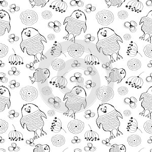 Seamless vector pattern. Cute black and white background with hand drawn chickens and flowers.