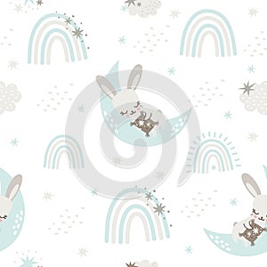 Seamless vector pattern. Cute bunny, rabbit sleeping on the moon. Night sky and stars