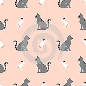 Seamless vector pattern with cute cartoon cats and mice