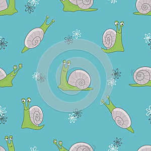 Seamless vector pattern with cute cartoon snails.