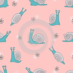 Seamless vector pattern with cute cartoon snails on pink