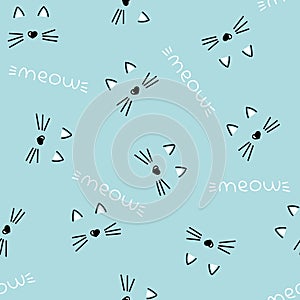 seamless vector pattern with cute cat faces, heart nose. children's, girls', blue background. meow cats pattern with photo