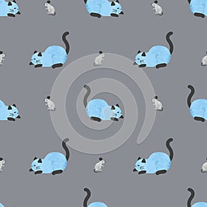 Seamless vector pattern with cute cats and pink mice. Cat and mouse