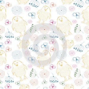 Seamless vector pattern. Cute colorful background with hand drawn chickens and flowers.