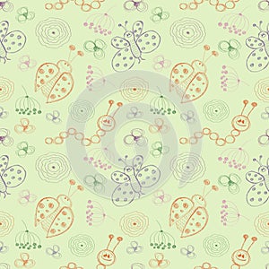 Seamless vector pattern. Cute colorful background with hand drawn ladybugs, butterfly, caterpillars and flowers