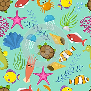 Seamless vector pattern with cute decorative fishes illustration. Funny multicolor background, marine texture underwater