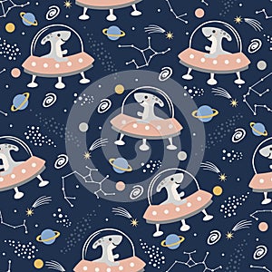 Seamless Vector Pattern with Cute Dino in Spaceships