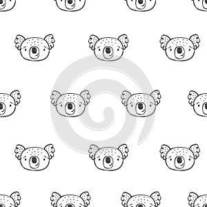 Seamless vector pattern. Cute faces of a koala. Animal drawn with marker pen. Children's hand-drawn drawing