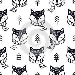 Seamless Vector Pattern with Cute Fox, and hand drawn shapes