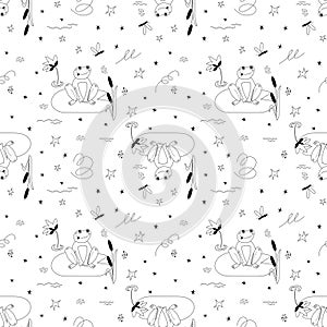 Seamless vector pattern with cute frog and dragonfly, lilies and reeds on the pond in graphic style.