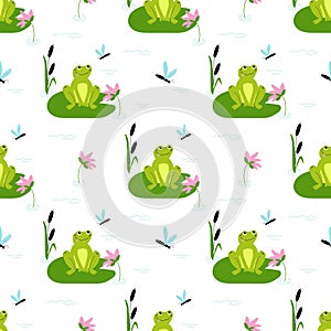 Seamless vector pattern with cute frog and dragonfly, lilies and reeds on the pond. Print for children textile, pack