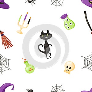 Seamless vector pattern with cute Halloween witchcraft elements