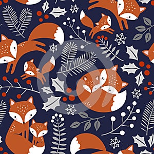 Seamless vector pattern with cute hand drawn fox family and leaves.