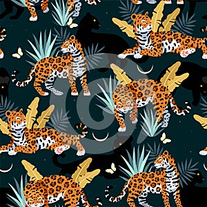Seamless vector pattern with cute jaguar and palms