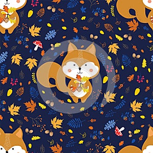 Seamless vector pattern of cute little squirrel and autumn leaves