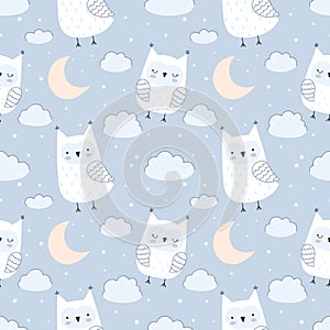 Seamless vector pattern with cute owls, clouds, stars and moon. Pastel palette, blue background.