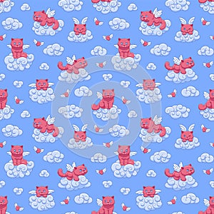 Seamless vector pattern with cute pink winged kittens and hearts on the clouds against the blue sky