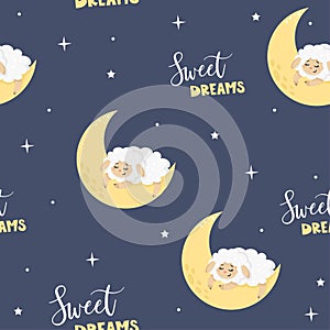 Seamless vector pattern. Cute sheep sleeping on the moon