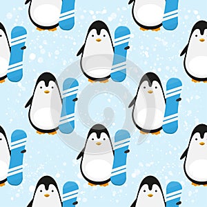 Seamless vector pattern with Cute sport Penguin With Blue Snowboard on snowy mountains winter background