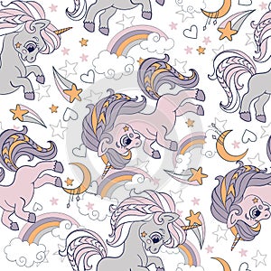 Seamless vector pattern cute unicorns and cosmic elements